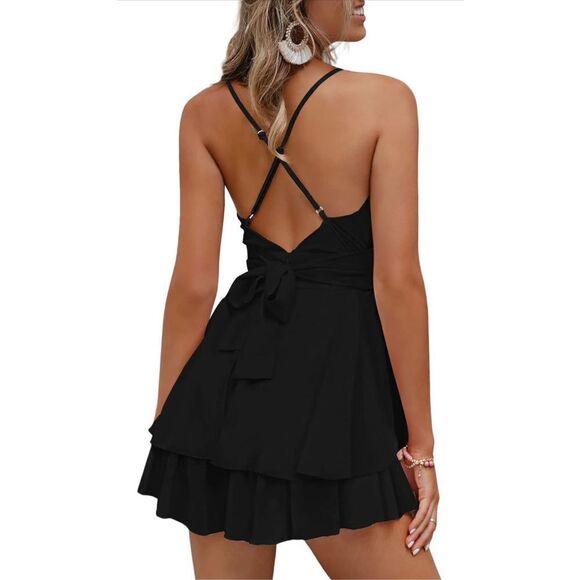 NEW Spaghetti Strap Romper V Neck Backless Ruffle Chiffon S - Picture 2 of 5